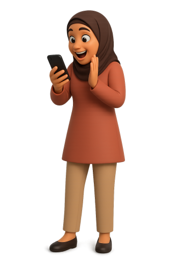 A young Muslim woman looking excitedly at her phone